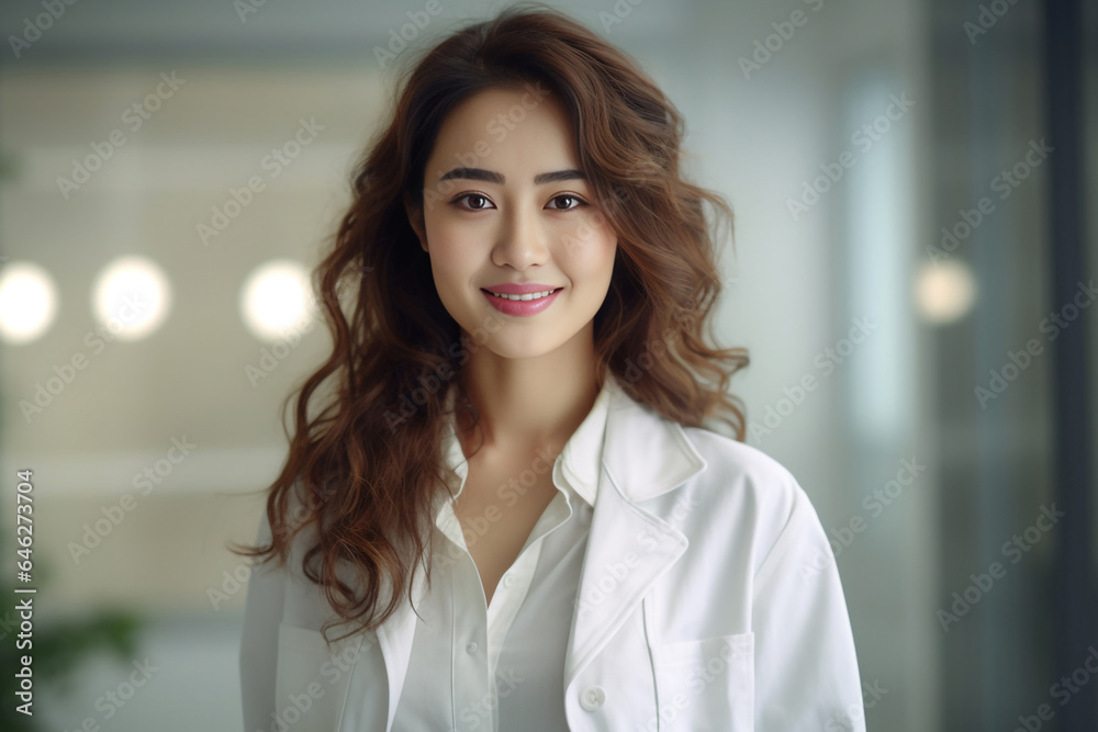 Photo hyper realistic scientist with dark brown hair wearing lab coat looking at camera on some effect background. Generative AI. Photo hyper realistic scientist with dark brown hair wearing lab coat looking at camera on some effect background. Generative AI.