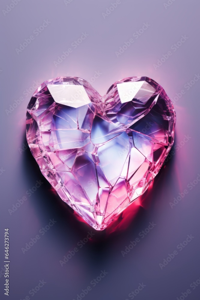 The image presents a minimalist photograph featuring an ice heart sculpted from foil material, illuminated by the captivating glow of holographic light.