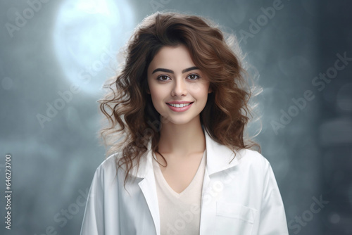 Photo hyper realistic scientist with dark brown hair wearing lab coat looking at camera on some effect background. Generative AI.