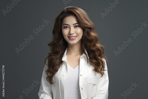 Photo hyper realistic scientist with dark brown hair wearing lab coat looking at camera on some effect background. Generative AI.