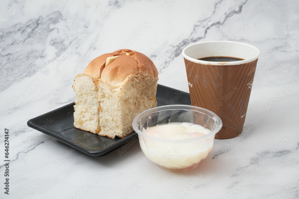 butter bun, coffee and soft boiled egg set butter bun, coffee and soft boiled egg set