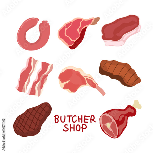 Drawing of fresh raw meat, pork, beef, lamb and sausage for butcher shop decoration, bbq grill bar, sticker, restaurant, logo, food icon, menu, recipe, grocery shopping, supermarket, online shopping