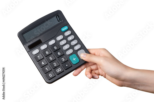 Hand holding blank calculator on isolated background.