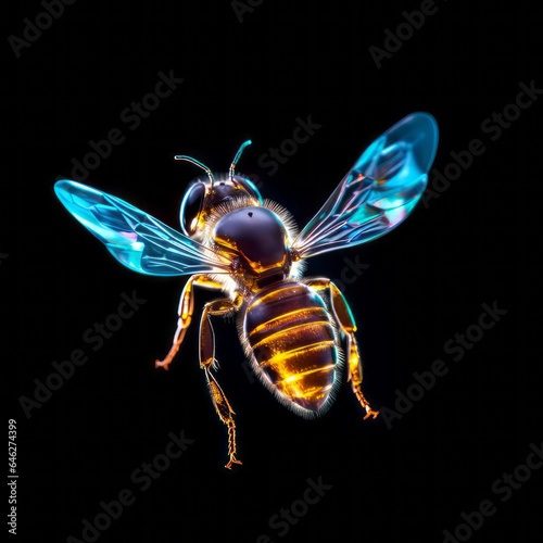 The image presents a minimalist photograph featuring a bee, beautifully captured and bathed in the mesmerizing glow of holographic light.