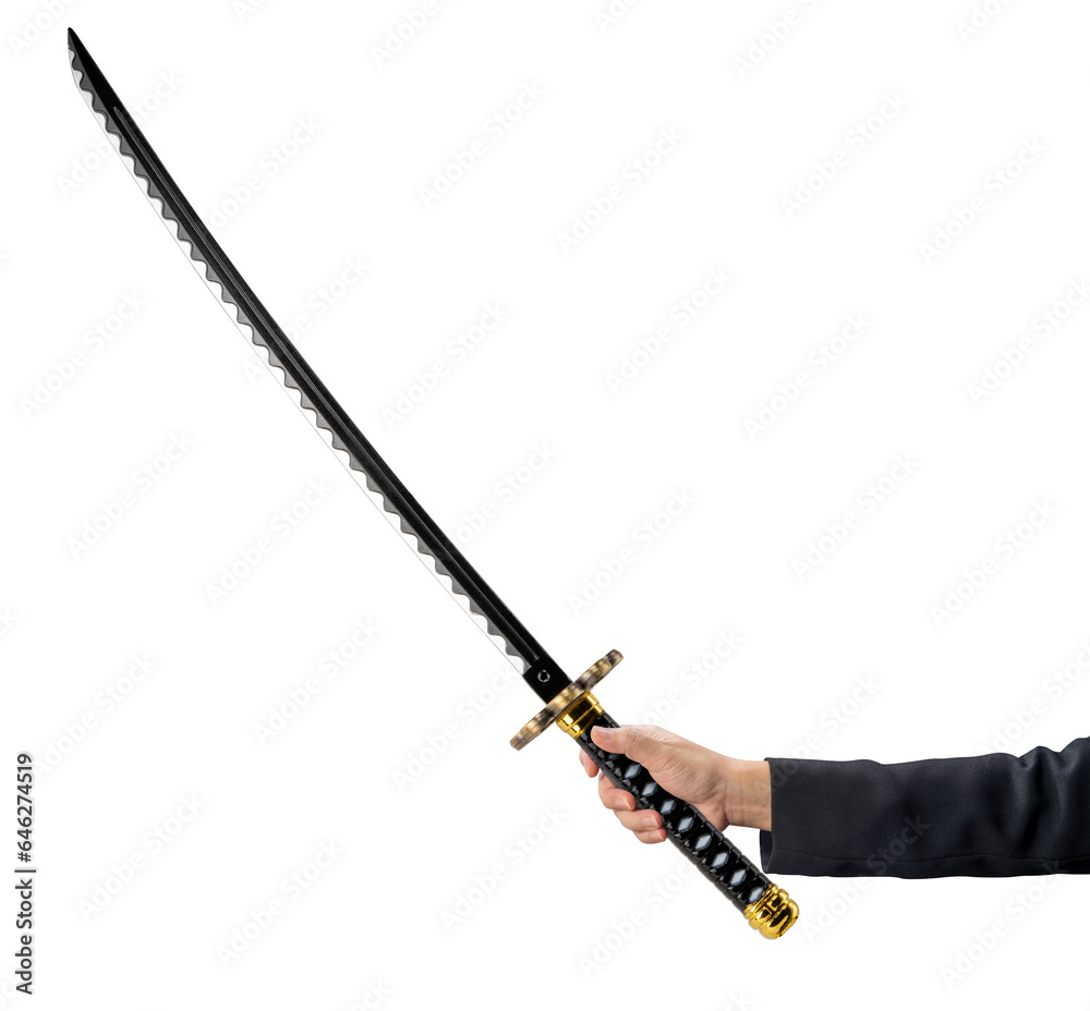 Businesswoman hand's holding Samurai Sword or Rapier isolated on white background, Sliver Samurai Sword with long blade on White Background With clipping path. Businesswoman hand's holding Samurai Sword or Rapier isolated on white background, Sliver Samurai Sword with long blade on White Background With clipping path.