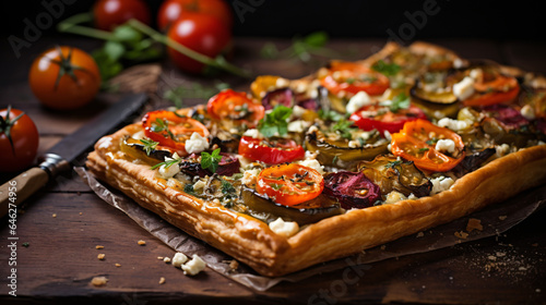 Vegetable tart with goats curd on wooden background