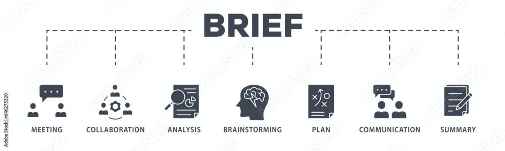 Brief banner web icon glyph silhouette for a briefing of business plan with an icon of meeting, collaboration, analysis, brainstorming, plan, communication, and summary Brief banner web icon glyph silhouette for a briefing of business plan with an icon of meeting, collaboration, analysis, brainstorming, plan, communication, and summary
