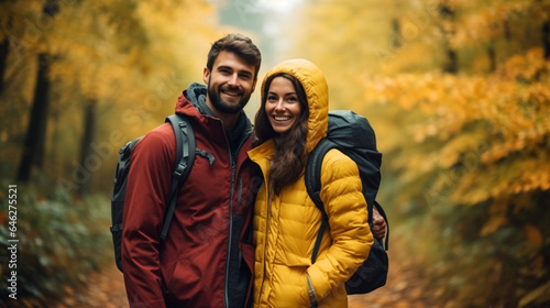 Happy couple hiking in autumn forest.