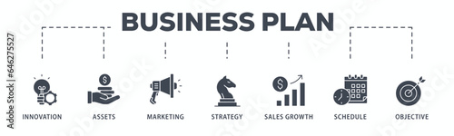 Business plan  banner web icon glyph silhouette with icon of innovation, assets, marketing, strategy, sales growth, schedule, and objective