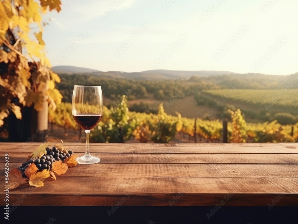 Wine Glass on Wooden Table with Vineyard Panorama - Celebrating Tasting, Festivals, and Winemaking