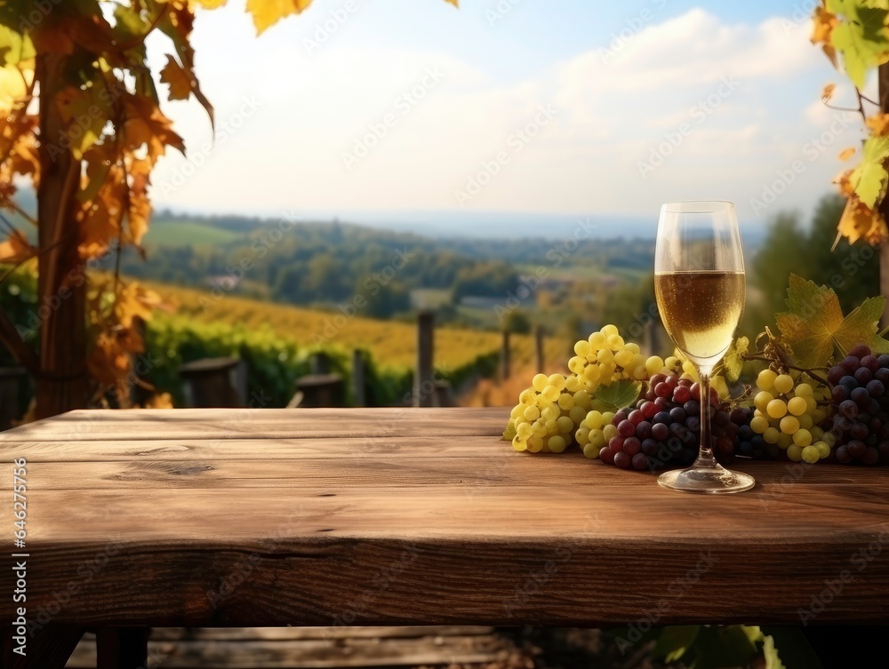 Wine Glass on Wooden Table with Vineyard Panorama - Celebrating Tasting, Festivals, and Winemaking