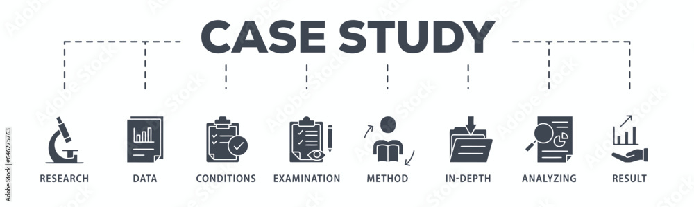 Case study banner web icon glyph silhouette with icon of research, data, conditions, examination, method, in-depth, analyzing, and result