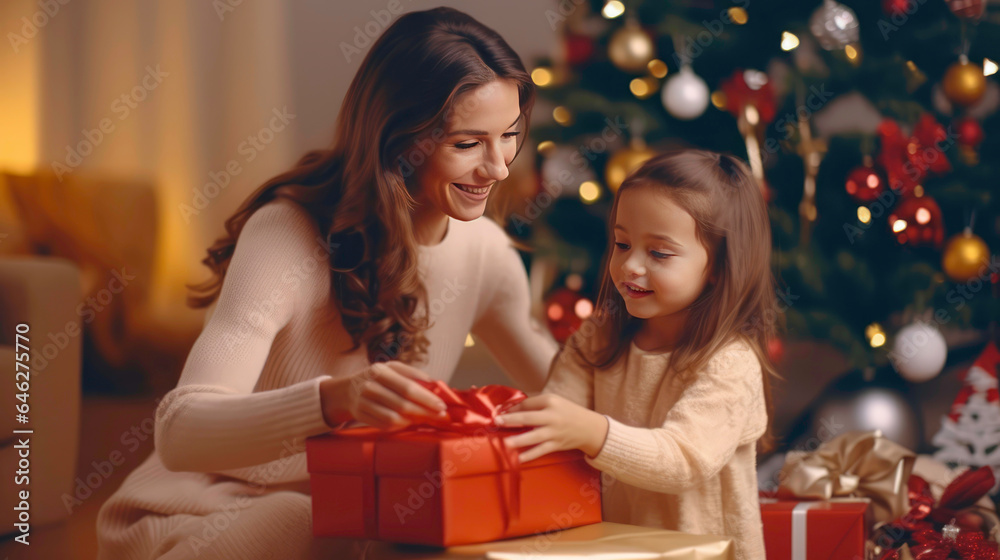 Loving family mom and daughter with presents near the Christmas tree, exchanging gifts, and sharing festive joy for a Merry Christmas and Happy Holidays celebration. Loving family mom and daughter with presents near the Christmas tree, exchanging gifts, and sharing festive joy for a Merry Christmas and Happy Holidays celebration.