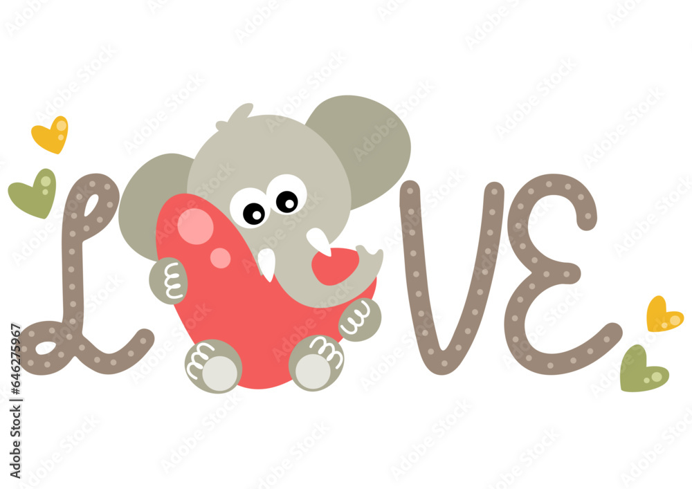 Love word with cute elephant holding a heart