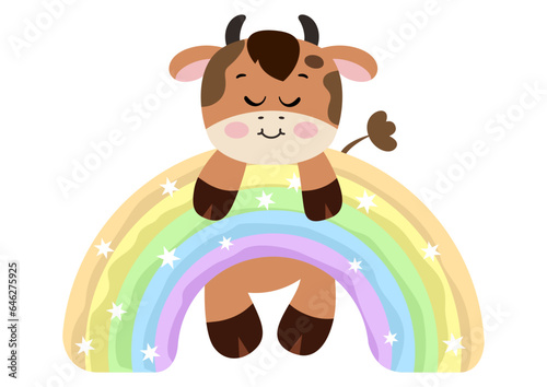 Cute cow hanging on magic rainbow