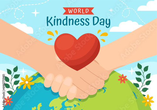 Happy World Kindness Day Vector Illustration on November 13 with Earth and Love for Charitable Assistance in Flat Cartoon Background Templates