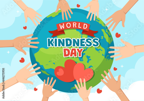 Happy World Kindness Day Vector Illustration on November 13 with Earth and Love for Charitable Assistance in Flat Cartoon Background Templates