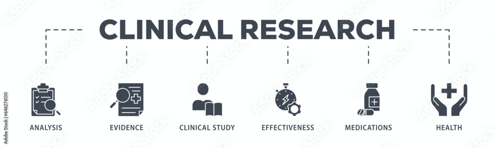 Clinical research banner web icon glyph silhouette with icon of analysis, evidence, clinical study, effectiveness, medications and health Clinical research banner web icon glyph silhouette with icon of analysis, evidence, clinical study, effectiveness, medications and health
