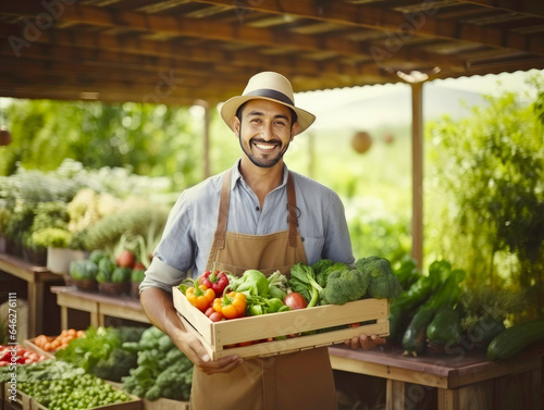 A cheerful Asian male gardener proudly holds a box of fresh green vegetables in a greenhouse garden, exemplifying the young Asian farmer's commitment to harvesting natural organic salad vege © Moon Story