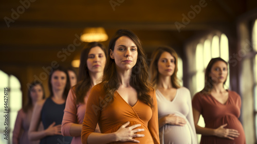 Pregnant women doing yoga in a group. Soft daylight with shallow field of view or bokeh.
