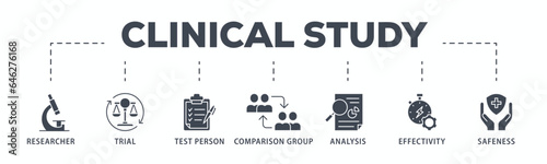 Clinical study banner web icon glyph silhouette for clinical trial research with an icon of researcher, trial, test person, comparison group, analysis, effectivity, and safeness