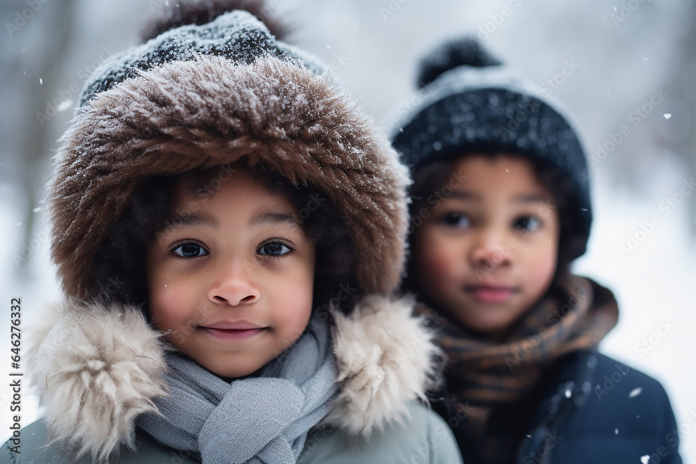 Afro-american kids posing in winter walking outdoors. Generative AI Afro-american kids posing in winter walking outdoors. Generative AI