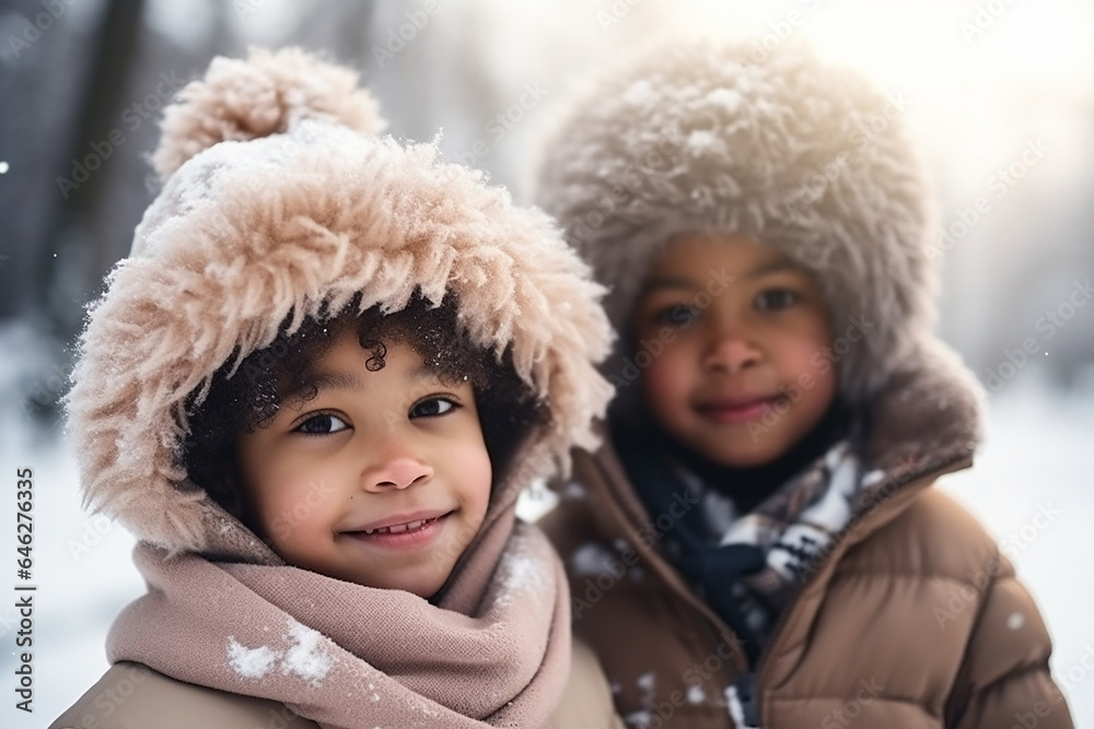 Afro-american children in winter walking outdoors. Generative AI Afro-american children in winter walking outdoors. Generative AI