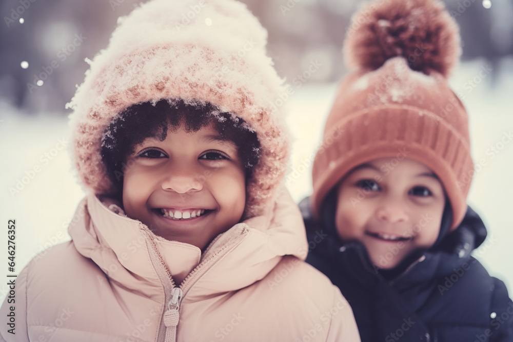 © lanych - Afro-american smiling kids in winter walking outdoors. Generative AI © lanych - Afro-american smiling kids in winter walking outdoors. Generative AI