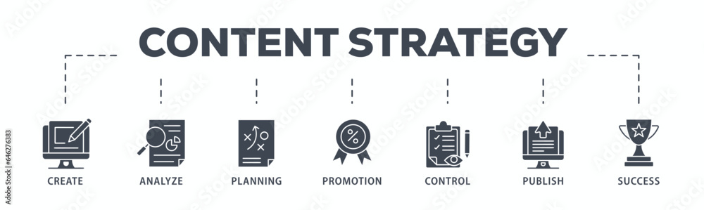 Content strategy banner web icon glyph silhouette with icon of create, analyze, planning, promotion, control, publish and success Content strategy banner web icon glyph silhouette with icon of create, analyze, planning, promotion, control, publish and success