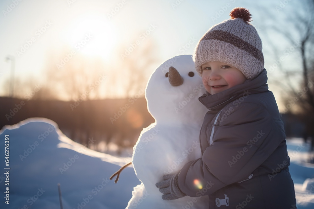 Little child posing with a snowman in winter outdoors. Generative AI