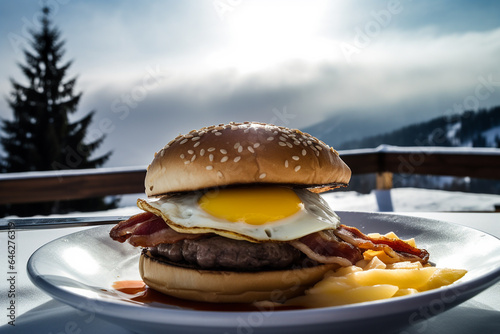 Egg burger served at a ski resort with mountain view. Generative AI photo