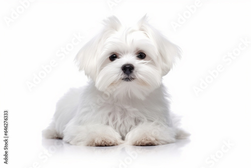 Malteser dog lying down on white background