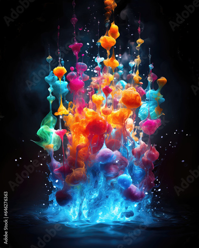 colorful ink splashes in water isolated on black background. 3d rendering