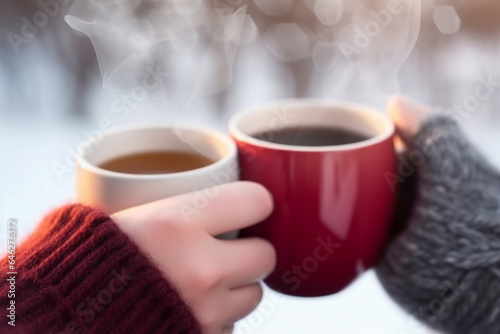 Two people hands in warm clothing holding two mugs of hot drinks outdoors. Generative AI