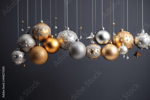 Row of slver and golden hanging Christmas decoration on the grey background. Generative AI photo