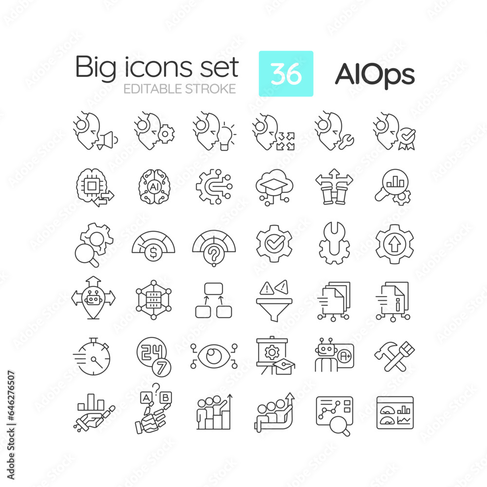 2D editable black big thin line icons set representing AI ops, isolated vector, linear illustration.