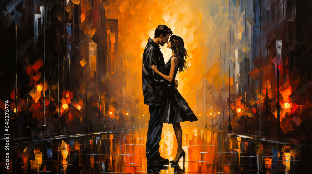 Romantic cityscape with couple sharing umbrella in rain, unique raw-style hand painting, vibrant and expressive visual conveying intimacy and urban togetherness.