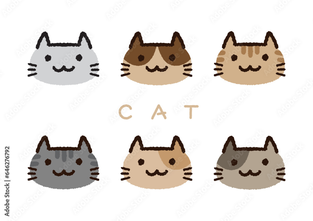 シンプルでかわいい猫の顔のイラストセット
Simple and cute cat face illustration set