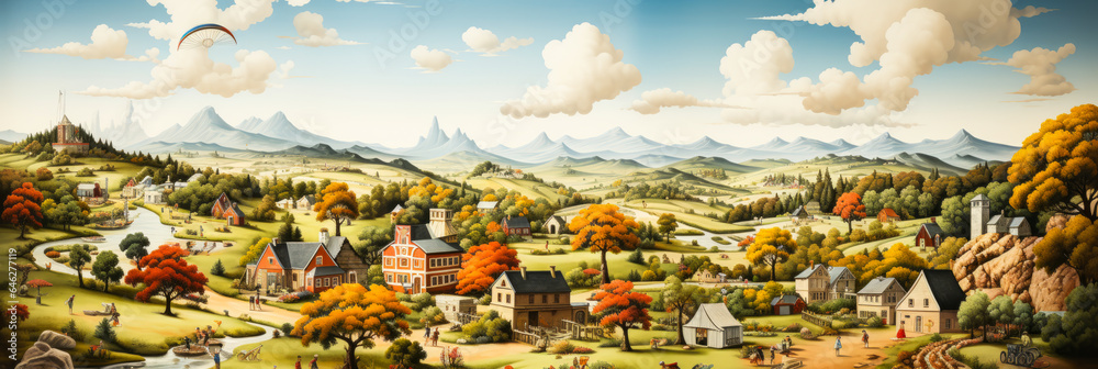 Enthralling panoramic mural of a festive farm fair, alive with playful children, cheerful farm animals, bustling farmer's market and imaginative storytelling.