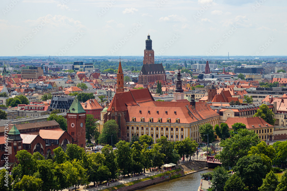 Faculty of Philology, University of Wroclaw‎, Cathedral of St. Vincent and St. James, Wroclaw indoor market (aka Hala Targowa) and St Elizabeth church, Poland. View from the tower of Wroclaw cathedral