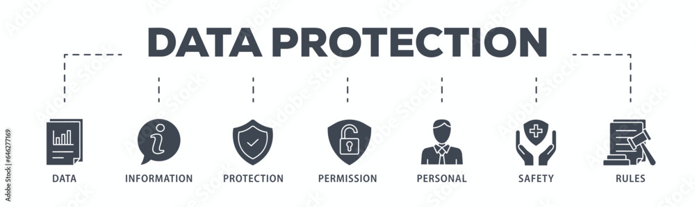 Data protection banner web icon glyph silhouette with icon of data, information, protection, permission, personal, safety and rules Data protection banner web icon glyph silhouette with icon of data, information, protection, permission, personal, safety and rules