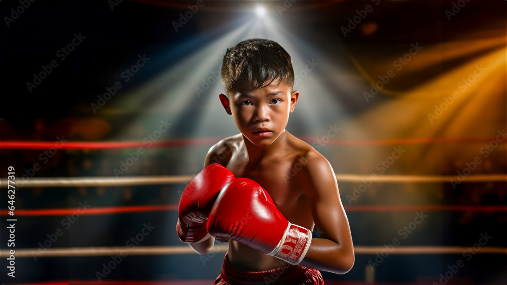 Portrait of young Thai boy boxer with red gloves eady to fight and compete looking at camera , A determined-looking boy standing inside boxing ring at red side in boxing stadium, Portrait of young Thai boy boxer with red gloves eady to fight and compete looking at camera , A determined-looking boy standing inside boxing ring at red side in boxing stadium,