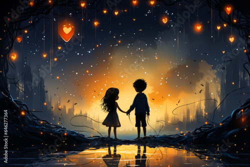 Enchanting scene of young children, a girl and boy, sharing an intimate dance under a star shower. Evokes youthful romance and wonder.