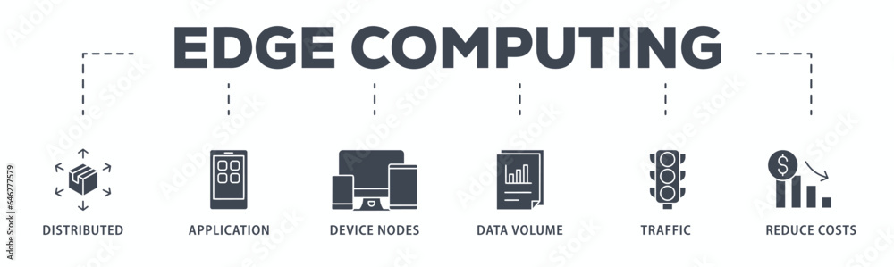 Edge computing banner web icon glyph silhouette with icon of distributed computing, application, device nodes, data volume, traffic and reduce costs Edge computing banner web icon glyph silhouette with icon of distributed computing, application, device nodes, data volume, traffic and reduce costs