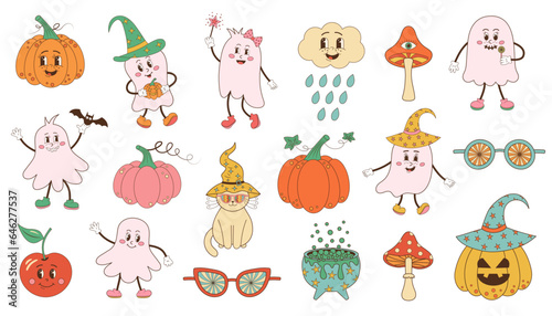 Retro 70s 60s Hippie Groovy Halloween set. Funny spooky ghosts, pumpkins, mushrooms and other vintage characters. Psychedelic collection of hippie color halloween elements.