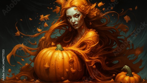 Beautiful witch girl with scary pumkin background concept art, Halloween theme.
