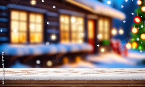 Empty wooden table, blurred Christmas decorated house exterior
