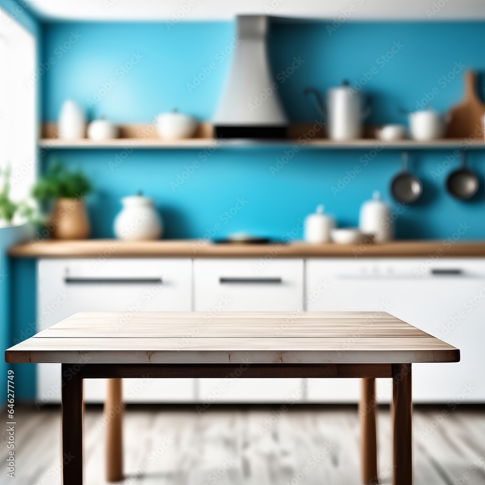 Fototapeta premium Empty kitchen table and blurred kitchen background