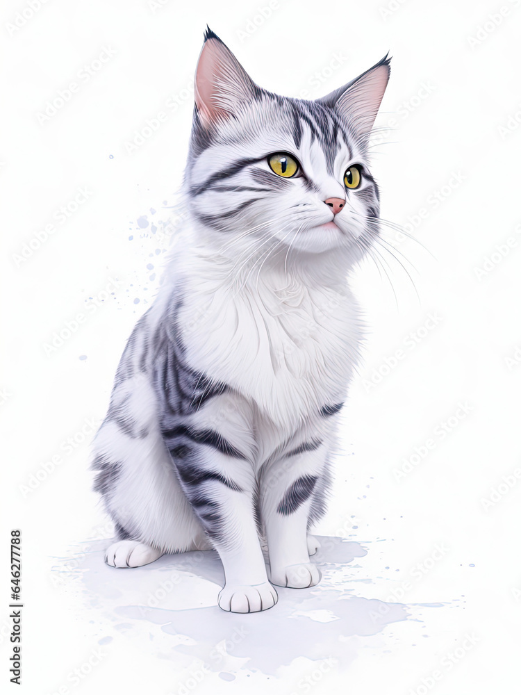 Illustration of a cat on a white background with watercolor splashes, a white cat.