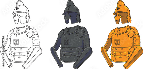 Vector knight suit of armor protection with helmet isolated on white background